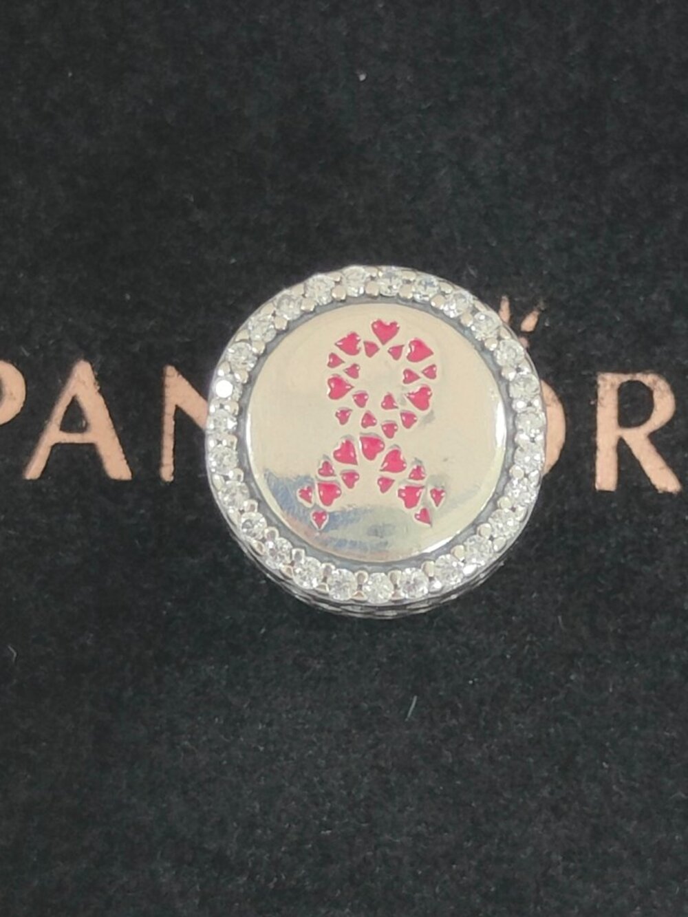 Pandora Ribbon of Strength Pink Enamel and Clear CZ Exclusive Bead Charm S925